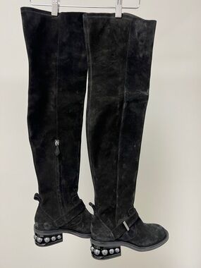 Nicholas Kirkwood Black Suede Over-the-Knee Boots with Beaded Heel